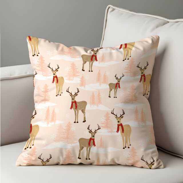 Blush Pink Reindeer Cushion Cover, Cute Winter Throw Pillowcase With Snowy Trees & Red Scarf Deer, Cozy Christmas Decor For Sofa Or Nursery - image 1