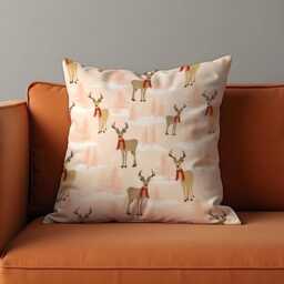 Blush Pink Reindeer Cushion Cover, Cute Winter Throw Pillowcase With Snowy Trees & Red Scarf Deer, Cozy Christmas Decor For Sofa Or Nursery - thumbnail 4