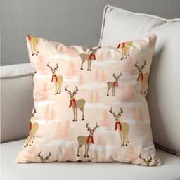 Blush Pink Reindeer Cushion Cover, Cute Winter Throw Pillowcase With Snowy Trees & Red Scarf Deer, Cozy Christmas Decor For Sofa Or Nursery