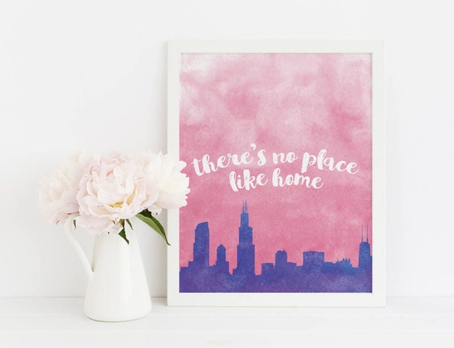 Chicago Gift - Skyline Wall Art Chitown Artwork Print At Home Download 8x10 Printable Pink Purple Watercolor - image 1