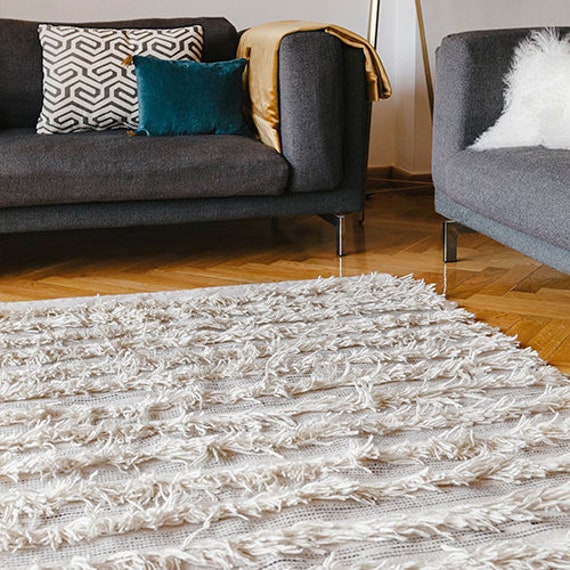 Off White Boho Wool Rug - Handwoven Shag Moroccan Style Rugs Living Room Bedroom Aesthetic Neutral Area Runner 5x8 6x9 8x10 9x12 - image 1