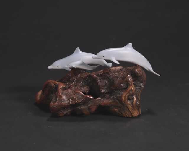 Dolphin Sculpture By John Perry 5 Inch Long Airbrushed Figurine On Burlwood - image 1
