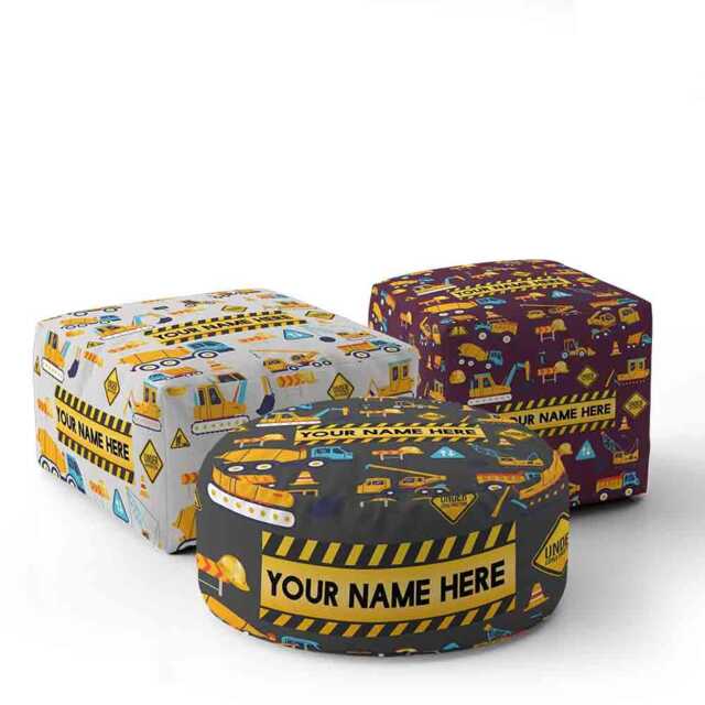 Kids Construction Personalised Pouffe Custom Name & Colour Digger Truck Design Fun Seat Boys Bedroom Playroom Decor Unique Furniture Gift - image 1