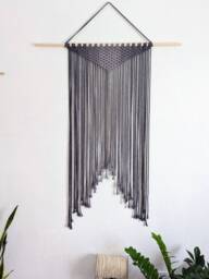 Large Handmade Minimalist Wall Hanging, Steel Gray Boho Ombre Tapestry, Macrame Art On Wooden Dowel With Cotton Cords, Chic Design & Decor
