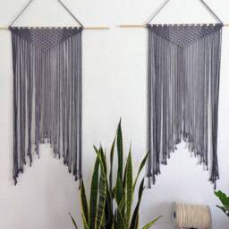 Large Handmade Minimalist Wall Hanging, Steel Gray Boho Ombre Tapestry, Macrame Art On Wooden Dowel With Cotton Cords, Chic Design & Decor - thumbnail 2