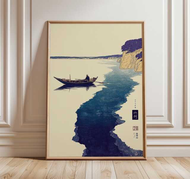 Japanese Boat Wall Art, Minimalist Landscape Print, Tranquil River Poster, Asian Inspired Artwork, Calm Blue Decor, Zen Home Style - image 1