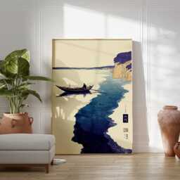 Japanese Boat Wall Art, Minimalist Landscape Print, Tranquil River Poster, Asian Inspired Artwork, Calm Blue Decor, Zen Home Style - thumbnail 3