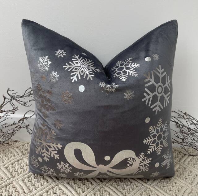 Christmas Bow Snowflake Luxury Silver Grey Cushions The Couture Cushion - image 1