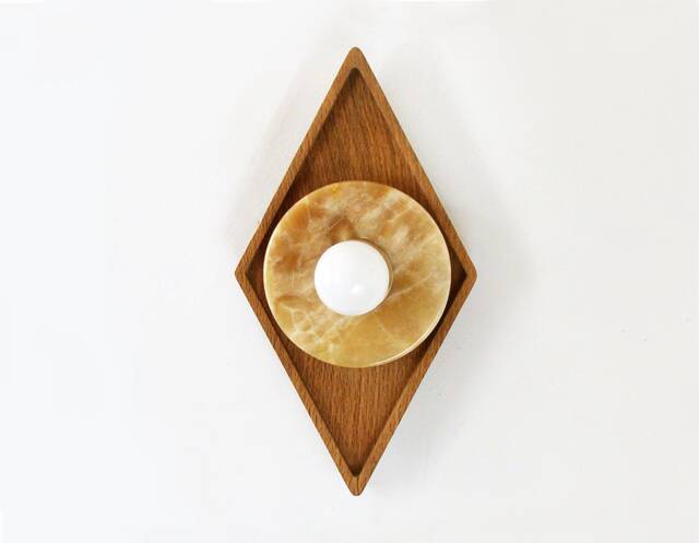 Onyx Marble & White Oak Geometrical Sconce Light Flush Mount Fixture Vanity Stone Lighting Kitchen Wall - image 1