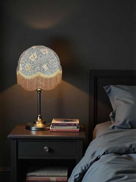 Handcrafted William Morris Steel Honeysuckle Fabric Dome Lampshade Antique Gold Braid & Fringe, British Made - image 1
