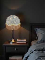 Handcrafted William Morris Steel Honeysuckle Fabric Dome Lampshade Antique Gold Braid & Fringe, British Made - thumbnail 1
