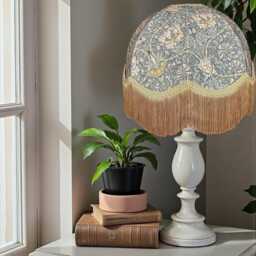 Handcrafted William Morris Steel Honeysuckle Fabric Dome Lampshade Antique Gold Braid & Fringe, British Made - thumbnail 3