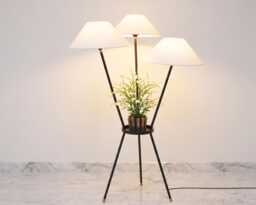 Floor Lamp in Black Color Modern Tripod With Lined White Fabric Shades & Flower Stand Corded Home Decor Lighting