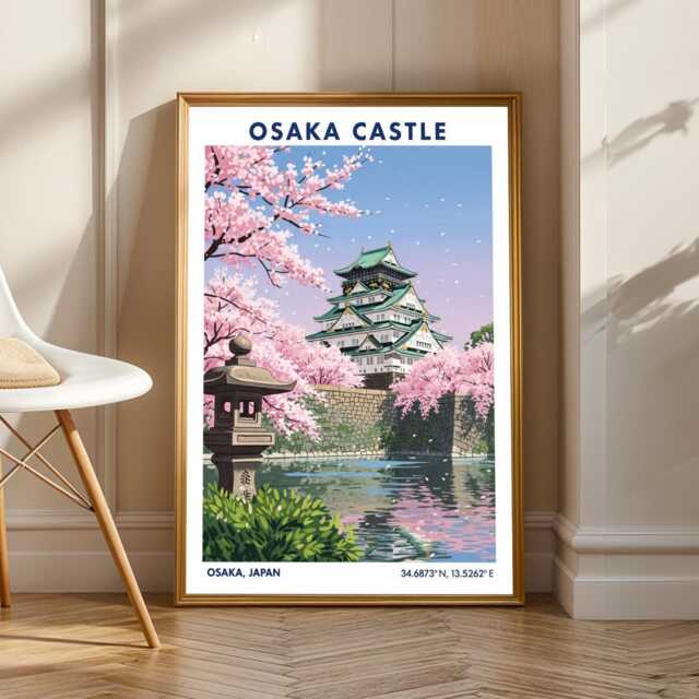 Osaka Castle Cherry Blossom Print Vintage Japanese Gouache Art - image 1