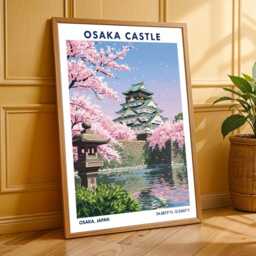 Osaka Castle Cherry Blossom Print Vintage Japanese Gouache Art - thumbnail 3