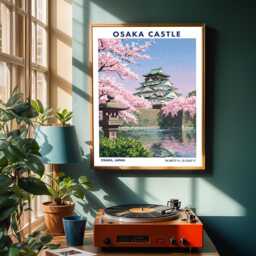 Osaka Castle Cherry Blossom Print Vintage Japanese Gouache Art - thumbnail 2