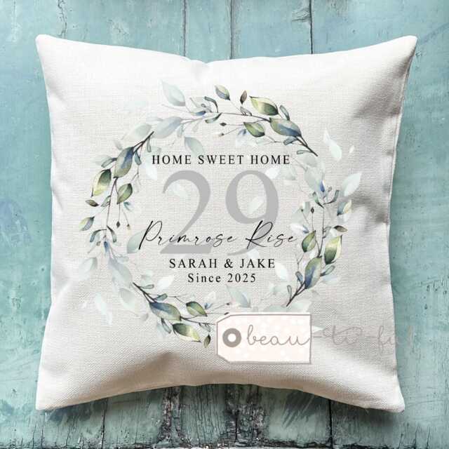 Personalised New Home Sweet Address Housewarming Botanical Greenery Design Quote Linen Style Cushion Home Gift - image 1