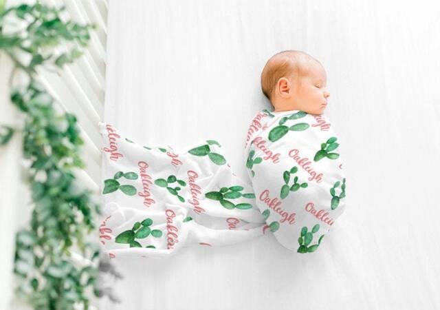 Cactus Swaddle Blanket, Baby Swaddle, Personalized Name Birth Announcement Girl Name, Hospital Newborn Photo - image 1