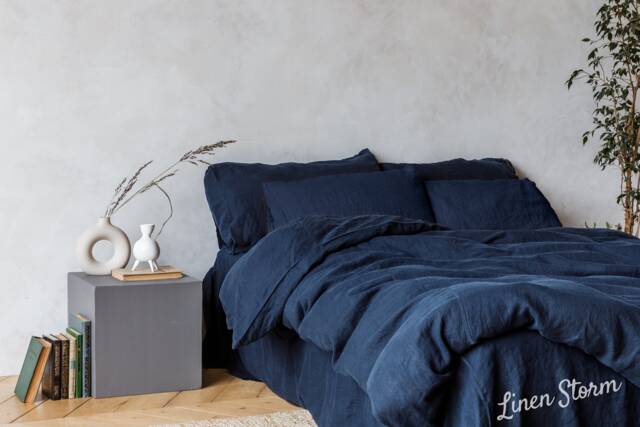 Navy Blue Linen Bedding Set, Stonewashed Duvet Cover & Pillowcases - image 1