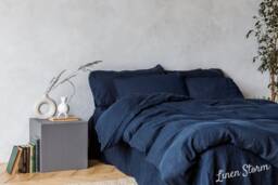 Navy Blue Linen Bedding Set, Stonewashed Duvet Cover & Pillowcases - thumbnail 1