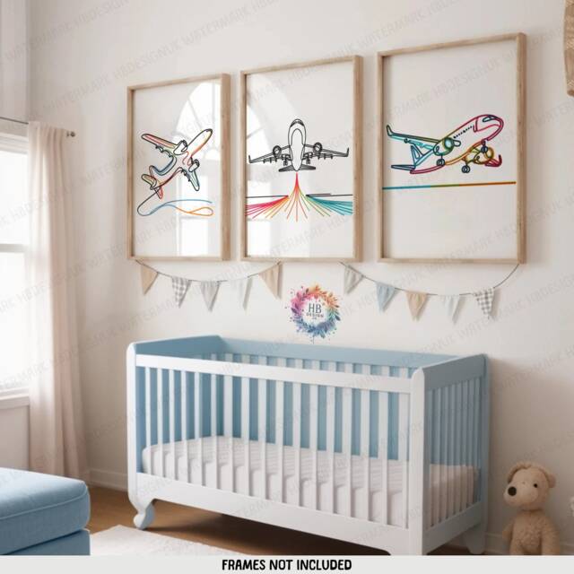 Colourful Airplane Print Set - 3 Posters - Boys Bedroom Artwork Plane Wall Art Nursery Line Drawing Design Kids Gifts Decor - image 1