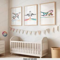 Colourful Airplane Print Set - 3 Posters - Boys Bedroom Artwork Plane Wall Art Nursery Line Drawing Design Kids Gifts Decor - thumbnail 2