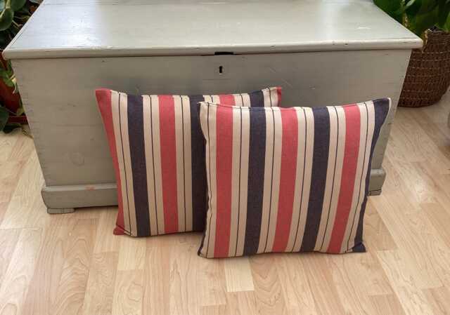 Handmade Pair Linen Rustic Country Farmhouse Red, Navy & Beige Stripe Duck Feather Throw Pillow Cushion - image 1