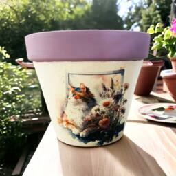 Purple Cat Plant Pot, Flower Themed Terracotta Gifts For Lovers, Decorations, Home Decor