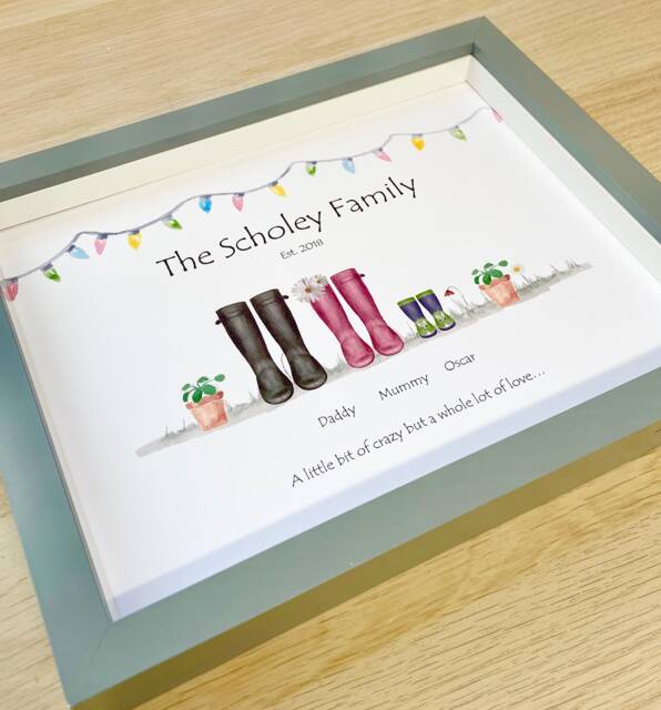 Family Welly Boot Print, Framed Mum Gift, Dad Gift, Personalised Mothers Day Present, Welly Print, Fathers Gifts, Gift For Dad - image 1
