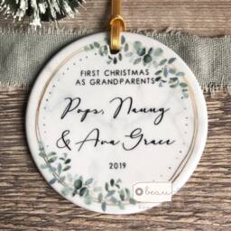 Personalised First Christmas As Grandparents Gran Grandma Nanna New Baby Botanical Greenery Ceramic Or Acrylic Round Ornament Keepsake
