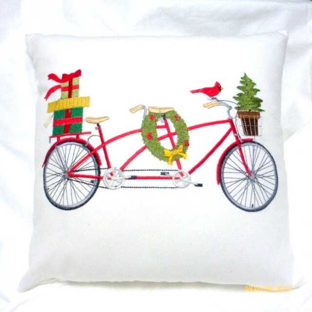 Embroidered Christmas Bike Pillow Cover Tandem Bicycle With Tree - image 1
