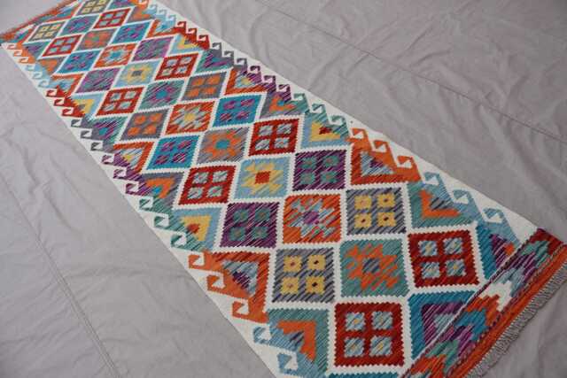 10 Ft Flatweave Runner Rug Afghan Handmade Kilim Rug, Multicolor Wool Geometric Design Turkmen Tribal Oriental Hallway - image 1