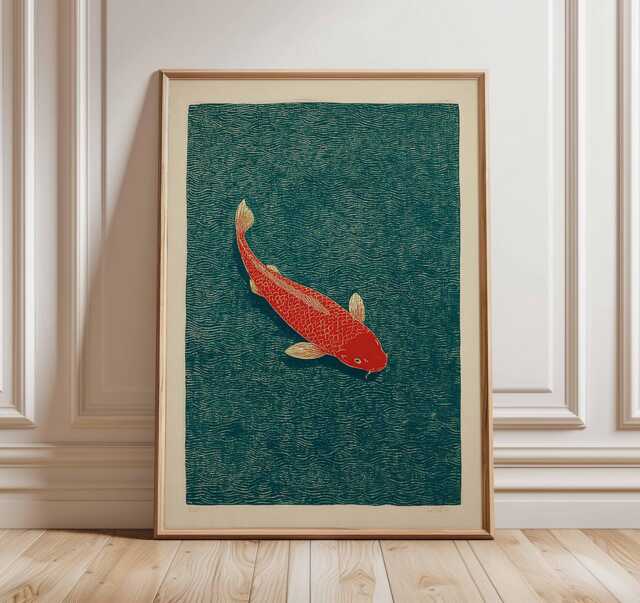 Koi Fish Art Print, Japanese Style Wall Art, Minimalist Ocean Poster, Red Artwork, Zen Nature Decor For Modern Home - image 1