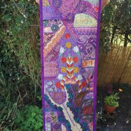 Indian Embroidered Table Runner, Vintage Sari Patchwork Tapestry, Boho Wall Hanging - 20x60 - thumbnail 3