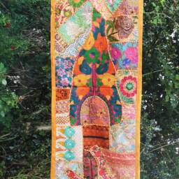 Indian Embroidered Table Runner, Vintage Sari Patchwork Tapestry, Boho Wall Hanging - 20x60 - thumbnail 4