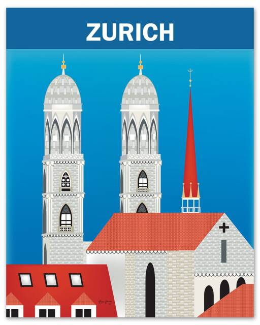 Zurich Skyline Art Print, Grossm??nster, Art, Swiss Wall Switzerland City Poster Style E8-O-Zur - image 1