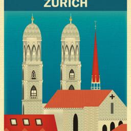 Zurich Skyline Art Print, Grossm??nster, Art, Swiss Wall Switzerland City Poster Style E8-O-Zur - thumbnail 2