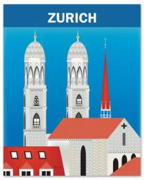 Zurich Skyline Art Print, Grossm??nster, Art, Swiss Wall Switzerland City Poster Style E8-O-Zur - thumbnail 1