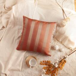 Tan & Salmon Pink Pillow, Striped Throw Pillow Cover, Decorative Cushion Accent Silk Blend Pillow - thumbnail 2