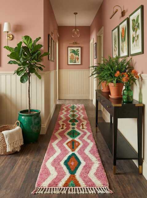 Handwoven Beni Ourain Runner Rug Pink & Red Berber Design - image 1