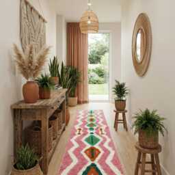 Handwoven Beni Ourain Runner Rug Pink & Red Berber Design - thumbnail 3