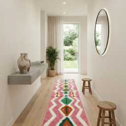 Handwoven Beni Ourain Runner Rug Pink & Red Berber Design - thumbnail 4