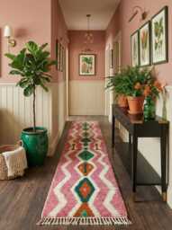 Handwoven Beni Ourain Runner Rug Pink & Red Berber Design - thumbnail 1
