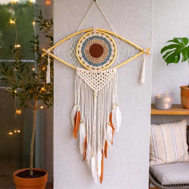 Evil Eye Dream Catcher Macrame Bamboo Wall Hanging Boho Bedroom Decor - image 1