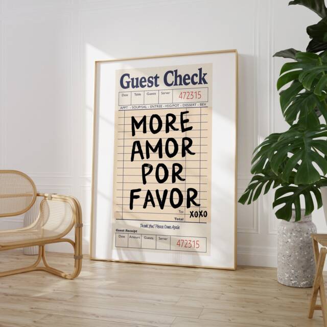 Guest Check Poster - More Amor Por Favor Love Print Handwriting Wall Art Aesthetic Trendy Retro - image 1