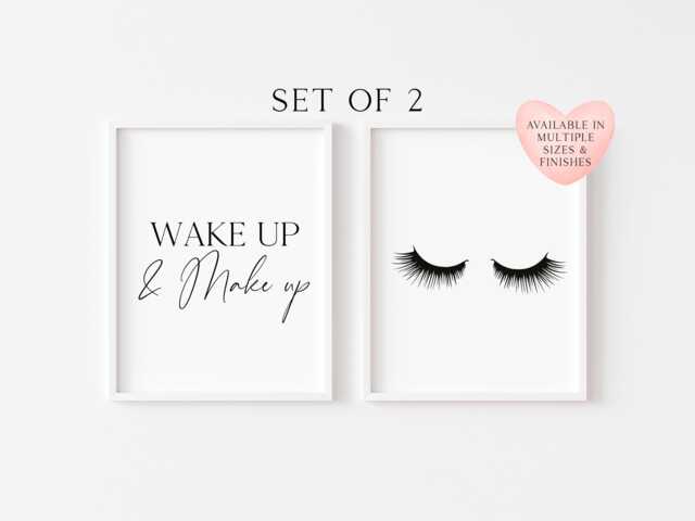 Eyelash Prints Set Wake Up & Make Up, Bedroom Unframed Wall Art - image 1