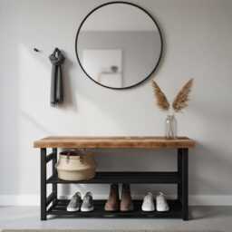Industrial Entryway Bench With Shoe Storage, Rustic Metal & Wood Rack, Modern Loft Mudroom Furniture, Handmade Hallway Seating - thumbnail 2