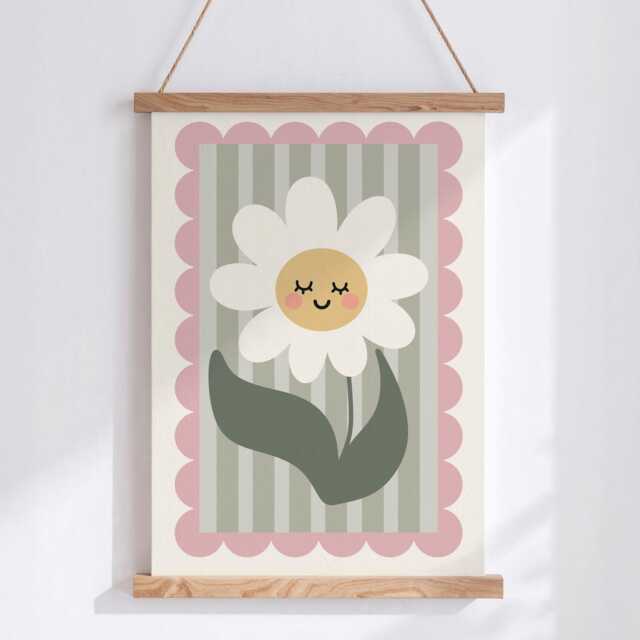 Cute Daisy Flower Wall Art Print - Smiley Floral Nursery Decor Whimsical Botanical Illustration Kids Room, Playroom, Baby Shower Gift - image 1
