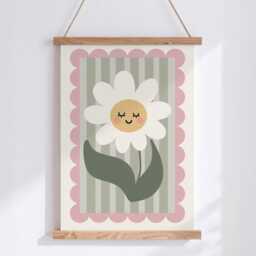 Cute Daisy Flower Wall Art Print - Smiley Floral Nursery Decor Whimsical Botanical Illustration Kids Room, Playroom, Baby Shower Gift - thumbnail 1
