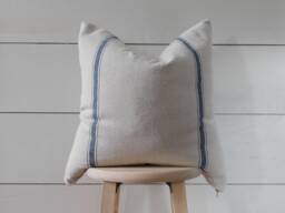 Grain Sack & Ticking Pillow Cover - Farmhouse Blue 3 Stripe Beige Fabric Back Zipper Closure - thumbnail 1